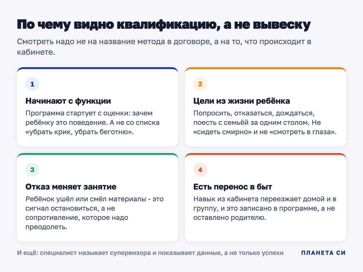 Признаки квалифицированной поведенческой работы: оценка функции, цели от жизни ребёнка, учёт отказа, перенос навыка