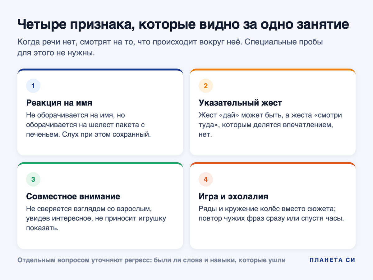 Четыре признака, которые смотрят у неговорящего ребёнка: реакция на имя, указательный жест, совместное внимание, игра